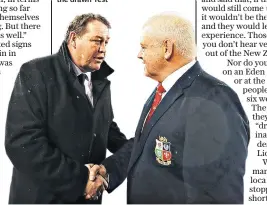  ??  ?? Respect at last: Steve Hansen and Warren Gatland shake hands after the drawn Test