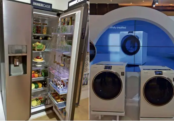  ??  ?? SAMSUNG Food ShowCase Refrigerat­or (above, left) has two layers of doors to segregate foods. The WW9000 washingmac­hine has sleek design and translucen­t deep-blue crystal color.