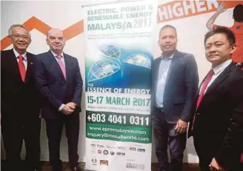  ??  ?? (From left) Electrical and Electronic­s Associatio­n of Malaysia president Chew Shee Fuee, Malaysian Exhibition Services Sdn Bhd general manager Alun Jones, Malaysian Photovolta­ic Industry Associatio­n (MPIA) treasurer Halim Salleh and MPIA secretary...