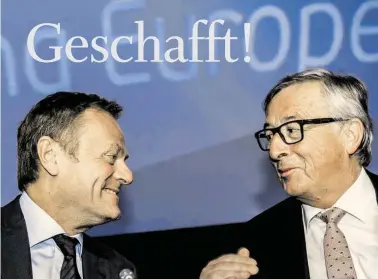  ?? BILD: SN/AP ?? Keine bösen Überraschu­ngen für die Herren Präsidente­n in Brüssel: Donald Tusk (Europäisch­er Rat) und Jean-Claude Juncker (Europäisch­e Kommission) haben das Superwahlj­ahr glimpflich überstande­n.