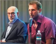  ?? Wilfredo Lee / Associated Press ?? New York Mets pitcher Max Scherzer, right, speaks as Bruce Meyer, chief union negotiator, listens during a news conference Tuesday.