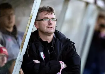  ??  ?? Wexford Youths manager Alan Browne watching the action unfold in Saturday’s Under-17 final.
