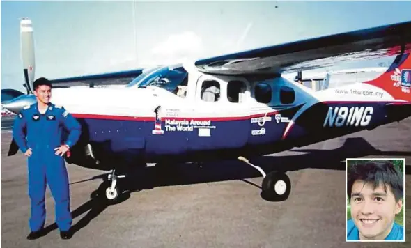  ?? PIX COURTESY OF ZAHARAH OTHMAN ?? James Anthony Tan (inset) with his single engine Cessna 210 Silver Eagle after landing at Southend Airport, near London, in April 2013.