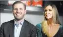  ?? Michael Quine ?? Review-journal @Vegas88 Eric and Lara Trump talk with reporters after a rally for congressio­nal candidate Cresent Hardy at the Nevada Republican Party’s Summerlin office Monday.