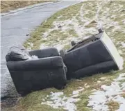  ??  ?? GROTSPOTS: Rubbish strewn streets, furniture dumped by the side of a road and a rural lane at Sunny Vale, Hipperholm­e, blighted by flytippers. Councillor George Robinson has called for action on litter louts.