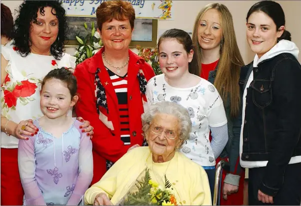  ??  ?? Maisie Bellew, Linen Hall Street who celebrated her 99th birthday on Tuesday the 20th of May 2003. Included in the picture are Grand and Great Grand daughters Bernadette Hearty, Margaret and Niamh Mulholland, Avril Hearty, Chloe and Ashley Copas.