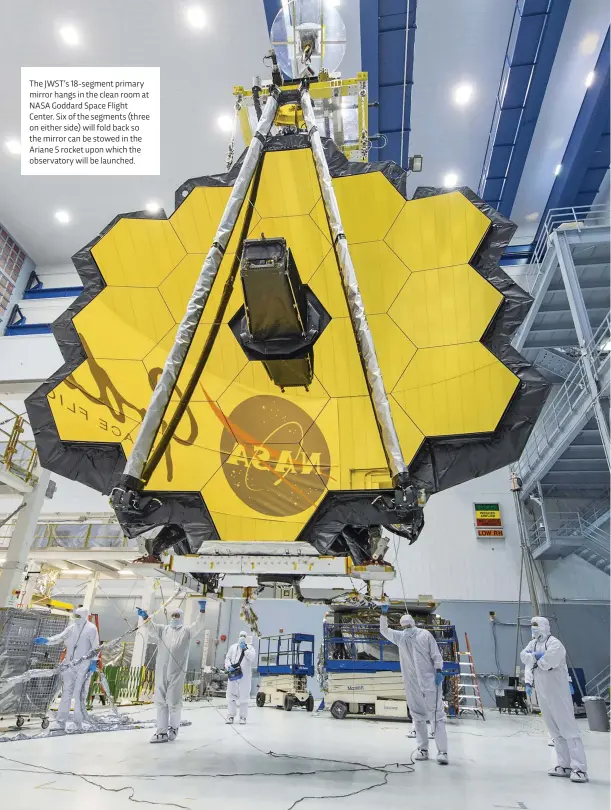  ??  ?? The JWST’s 18-segment primary mirror hangs in the clean room at NASA Goddard Space Flight Center. Six of the segments (three on either side) will fold back so the mirror can be stowed in the Ariane 5 rocket upon which the observator­y will be launched.