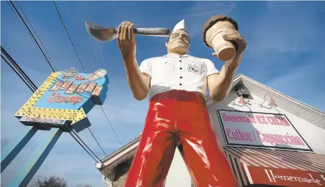  ?? RICK KINTZEL/THE MORNING CALL ?? Giant Chip, a 20-foot-tall fiberglass statue, stands outside the Inside Scoop, a popular ice cream shop on Route 309 in Coopersbur­g. He’s made from the remains of a muffler man, which once dominated roadside shops across the United States.