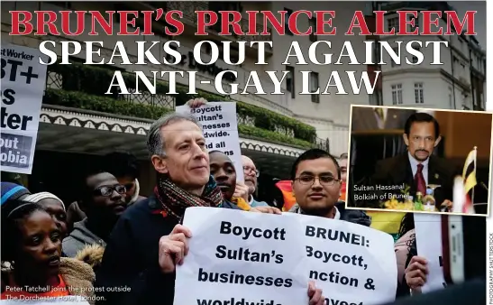  ??  ?? Peter Tatchell joins the protest outside The Dorchester Hotel, London. Sultan Hassanal Bolkiah of Brunei.