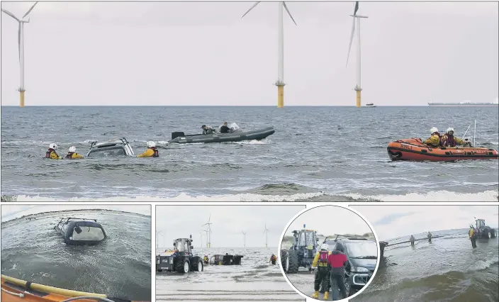 ??  ?? DEEP TROUBLE: The lifeboat crew rescuing two cars which ended up in the North Sea at Redcar after their drivers were caught out by the highest tide of the year so far. Both vehicles were towed out of the water to cut the risk of pollution from their...