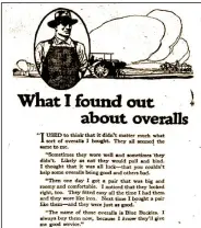  ??  ?? Ad for Blue Buckle overalls from the April 23, 1920, Arkansas Gazette