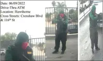  ?? PHOTOS COURTESY OF FBI ?? Images from surveillan­ce footage show three people during an armed robbery at a Bank of America branch in Hawthorne on June 9.