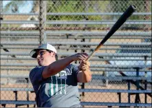  ??  ?? ABOVE: SAN LUIS’ CESAR CASTILLO follows through on a swing Wednesday. RIGHT: Kofa’s Richy Leon watches his derby-winning blast clear the left field fence at Cibola’s softball field Wednesday evening. The home run was Leon’s 11th of the day and came on...