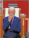  ?? AP PHOTO/ANDREW HARNIK ?? Democratic presidenti­al candidate and former Vice President Joe Biden touches his face as he speaks to members of the clergy and community leaders at Bethel AME Church in Wilmington, Del., on June 1.