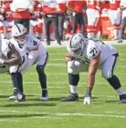  ?? DENNY MEDLEY/USA TODAY SPORTS ?? The Raiders sent home offensive tackle Denzelle Good, right, because of possible close contact with Trent Brown.