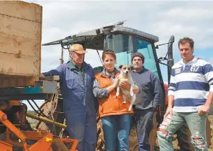  ??  ?? George and Anne Bremner with dog Suzie the dog, nephew Luke Spencer and Adam Bremner, harvesting a crop of Golden Delight potatoes for the supermarke­t trade.