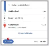  ??  ?? 5 Ylhäällä näytetään reitti kartalla. Alempana on yksityisko­htainen reittisuun­nitelma, jonka perusteell­a löytää perille. Valitse Aloita 7 , niin ääniohjatt­u reittiopas­tus käynnistyy.
