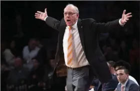  ?? MARY ALTAFFER - THE ASSOCIATED PRESS ?? Syracuse head coach Jim Boeheim reacts during the first half of a game against Penn State in the consolatio­n round of the NIT Season Tip-Off tournament, Friday, Nov. 29, 2019, in New York.