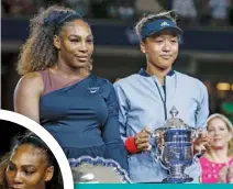  ??  ?? ABOVE: Serena Williams and Naomi share the podium. LEFT: Serena comforts a tearful Naomi following jeers from the crowd.