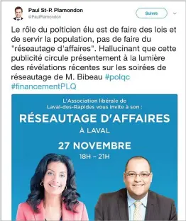  ??  ?? Le péquiste Paul St-pierre Plamondon a publié sur Twitter une publicité annonçant que la ministre de l’économie, Dominique Anglade, et le député de Laval-des-rapides, Saul Polo, participer­aient à une activité de financemen­t, qui a ensuite été annulée....