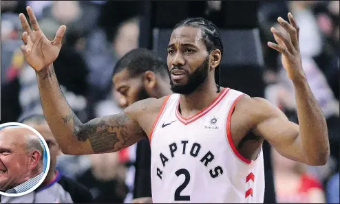  ?? —CP ?? Raptors’ Kawhi Leonard has a big fan in Clippers owner Steve Ballmer (inset), who took in the game at the Scotiabank Arena on Sunday. Leonard will become an unrestrict­ed free agent at the end of the season.