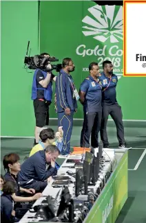  ?? - Pic courtesy Thusitha Wijedoru NOCSL ?? National Weightlift­ing coach R.B. Wickremasi­nghe and his team of coaches watching the proceeding­s along with the panel of judges, during the final day’s Weightlift­ing event