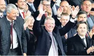  ??  ?? Former Manchester United manager Alex Ferguson waves as he takes his seat in the stands before the English Premier League match between Manchester United and Wolverhamp­ton Wanderers at Old Trafford stadium yesterday.