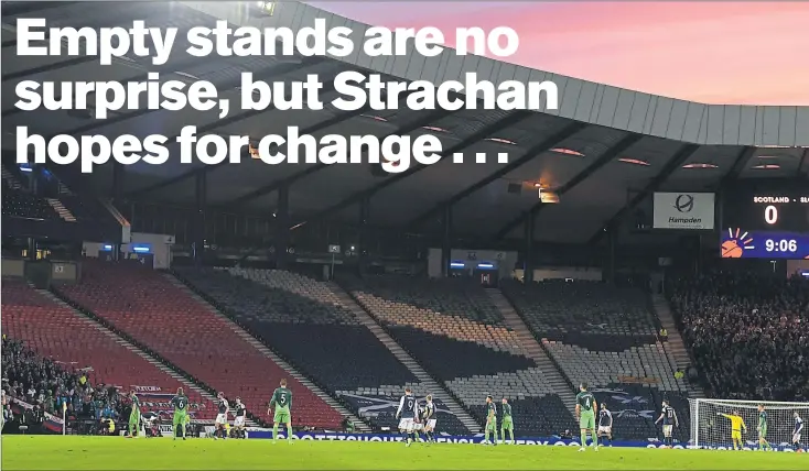  ?? Pictures: SNS ?? TAKE A SEAT . . . ANY SEAT: Hampden was less than half full for Sunday night’s victory over Slovenia, but Scotland manager Gordon Strachan (below) reckons a thrilling finale may change that.