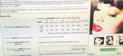  ??  ?? EVERYBODY PAY UP Profile advertised a string of sexual preference­s with rates up to €2,300 for overnight in a hotel