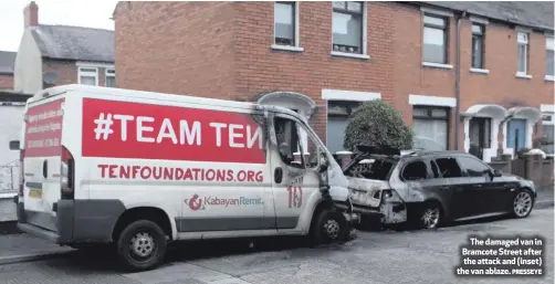  ?? PRESSEYE ?? The damaged van in Bramcote Street after the attack and (inset) the van ablaze.