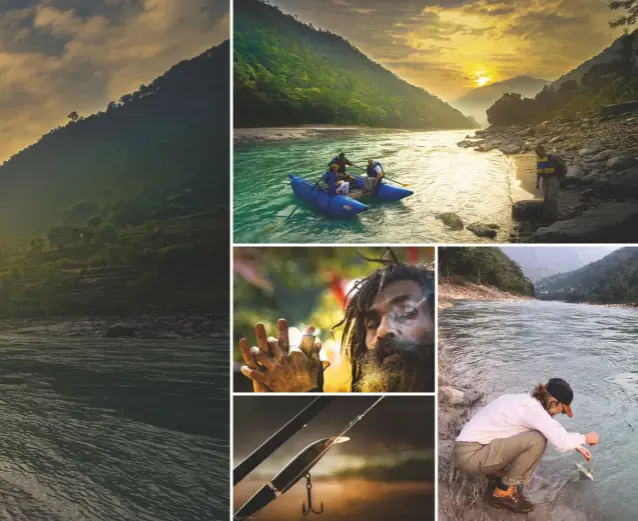  ??  ?? Main picture, left: the six-tent camp, situated close to the riverbank. Clockwise, from above: Liz Cavelltayl­or landing a small mahseer; a spinner landed the writer his biggest fish, a 22-pounder; Panditji, the local temple priest; crossing the Saryu at sunrise on the camp catamaran