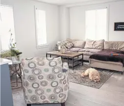  ?? TRACY HANES PHOTOS ?? Maggie the goldendood­le relaxes in the renovated living room of Rose Cottage, which is part of the original small house.