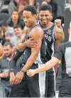  ?? Darren Abate / Associated Press ?? DeMar DeRozan, left, and Rudy Gay combined for 49 points in the win over the Jazz, who had 42 points fewer than a win over S.A. last week.
