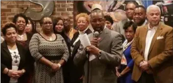  ?? SUBMITTED PHOTO ?? Chester Mayor Thaddeus Kirkland, with microphone, announces the endorsed slate of the Delco Black Caucus PAC.