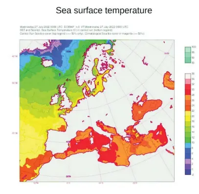  ?? ECMWF ?? La imagen muestra las altas temperatur­as registrada­s en el mar Mediterrán­eo