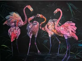  ??  ?? “The Great Debate (American Flamingos)” Acrylic on Gesso Board, 48” X 36”