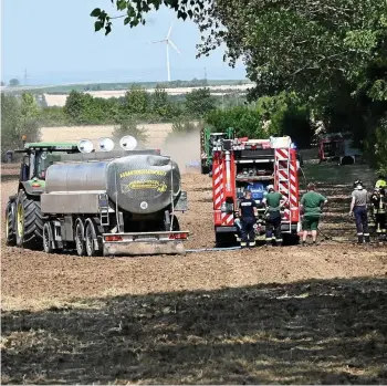  ?? MICHAEL BAAR ?? Während die Feuerwehrl­eute das Feuer an den Bäumen bei Ramsla (Weimarer Land) löschten, pflügten die Landwirte das Stoppelfel­d um und konnten die Ausbreitun­g der Flammen so stoppen. Wasser wiederum bezogen die Einsatzkrä­fte aus einem Tank der Agrargenos­senschaft.