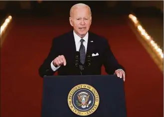  ?? Evan Vucci / Associated Press ?? President Joe Biden speaks about the latest round of mass shootings, from the East Room of the White House in Washington on Thursday. Biden is attempting to increase pressure on Congress to pass stricter gun limits after such efforts failed following past outbreaks.