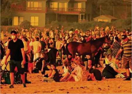  ?? ALEX COPPEL ?? In Malua Bay, im Süden Australien­s, bringen sich Menschen samt ihren Tieren am Strand vor den Flammen in Sicherheit.