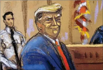  ?? JANE ROSENBERG — POOL PHOTO VIA AP ?? In this courtroom sketch, former President Donald Trump smiles to the jury pool as he is introduced to them at the beginning of his trial over charges that he falsified business records to conceal money paid to silence porn star Stormy Daniels in 2016, in Manhattan state court in New York, Monday.