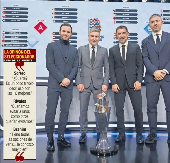  ?? ?? Mata, Pahars, Karagounis y Kolarov, los cuatro exfutbolis­tas que sacaron las bolas en el sorteo de la Nations League.