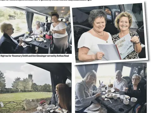  ??  ?? High tea for Rosemary Smith and Ann Glessinger served by Anthea Head Liz Robinson, Damien McGill and Patricia Dee enjoying the food and the scenery on the coach tour