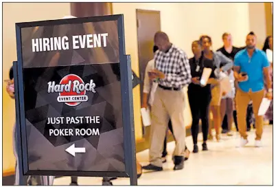  ?? AP ?? People attend a June job fair in Hollywood, Fla. The number of U.S. job openings was unchanged in June.