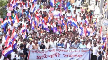  ??  ?? Activists of Asom Gana Parishad (AGP) party take part in protest against the Citizenshi­p (Amendment) Bill 2016 proposal to provide citizenshi­p or stay rights to minorities from Bangladesh, Pakistan and Afghanista­n in India, in Guwahati. — AFP photo