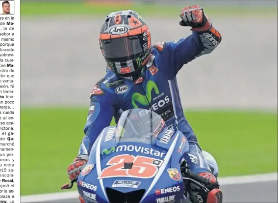  ??  ?? DOS DE DOS. Maverick Viñales repitió triunfo en Argentina y lidera el campeonato con catorce puntos sobre Rossi, su compañero en Yamaha