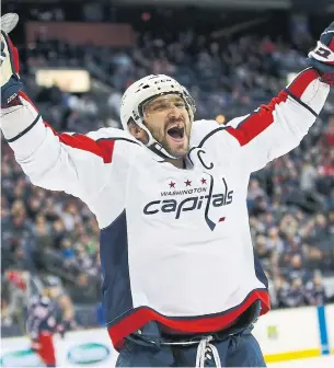  ?? JAY LAPRETE THE ASSOCIATED PRESS ?? At 33, Capitals captain Alexander Ovechkin is far from slowing down. He has 29 goals in 32 games, putting him on pace for 74 goals, which would be a new single-season record for him.