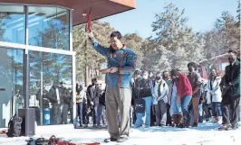  ?? ?? Cahuilla tribal member Michael Madrigal provides a morning welcome.