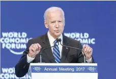  ?? — AFP ?? Outgoing US vice president Joe Biden addresses the assembly on the second day of the World Economic Forum, on Wednesday in Davos.