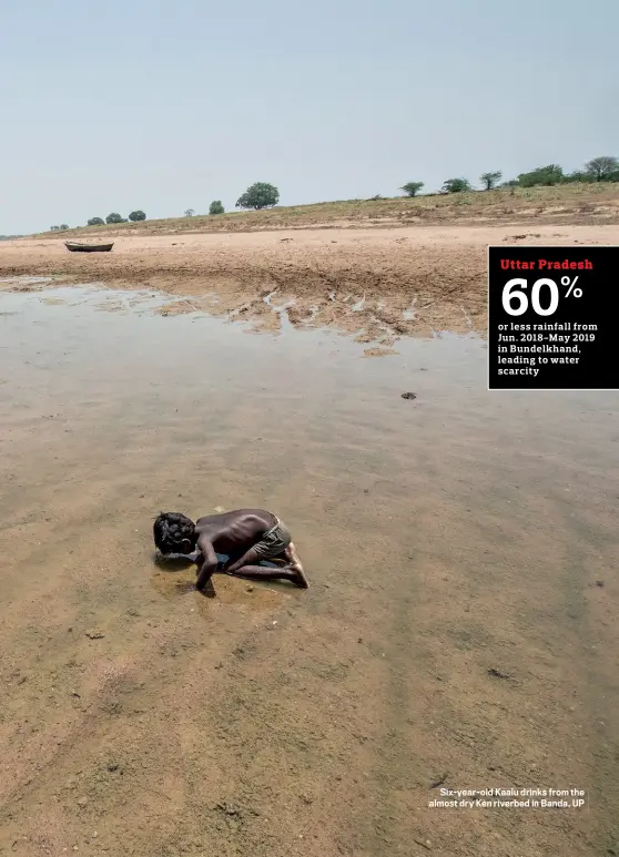  ??  ?? Six-year-old Kaalu drinks from the almost dry Ken riverbed in Banda, UP