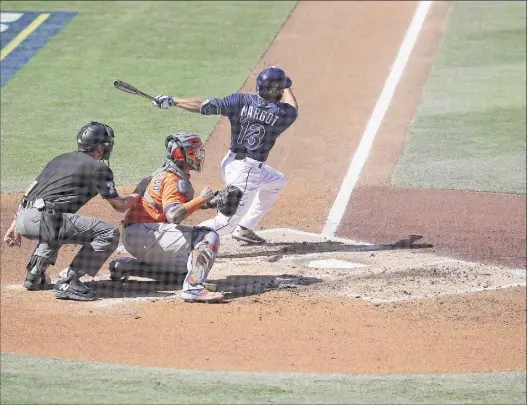  ?? Sean M. Haffey / Getty Images ?? Manuel Margot of the Rays made the Astros pay for some sloppy fielding when he hit this three-run home run in the first inning Monday.